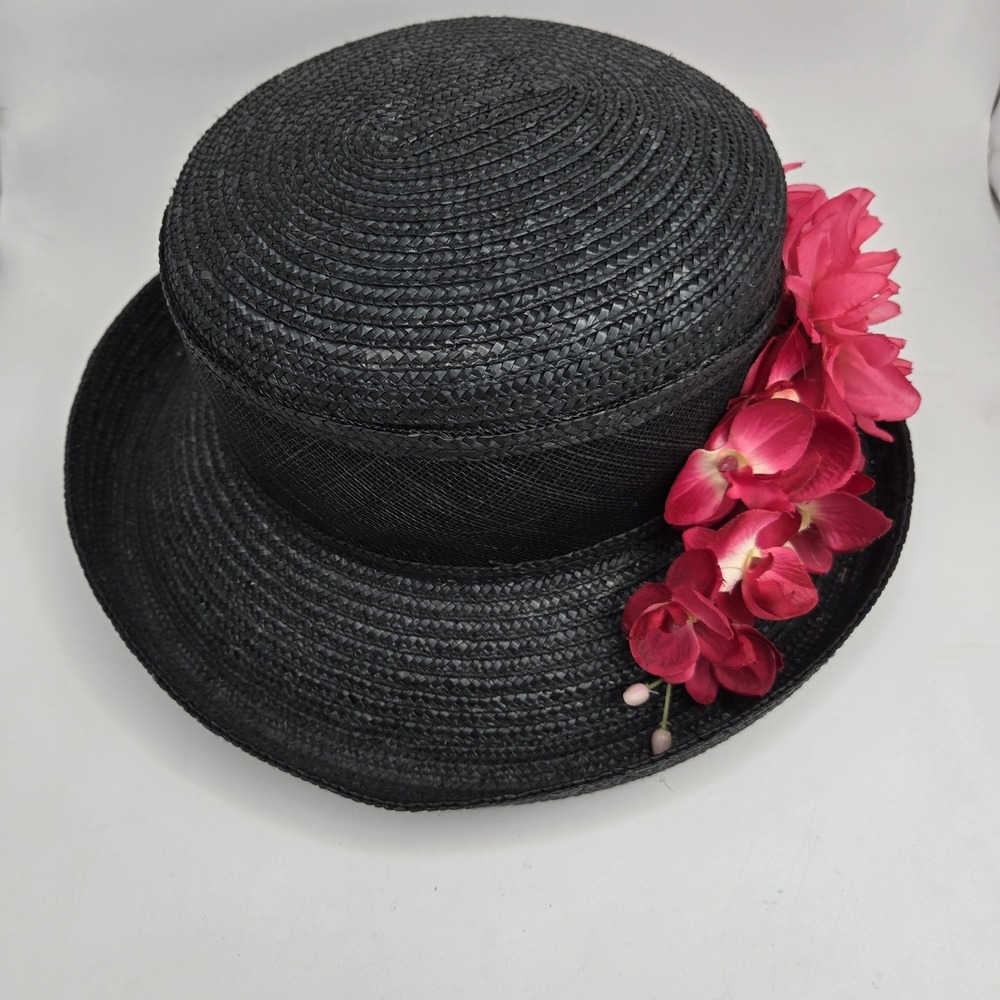 Betmar New York Black Straw Hat Pink Floral Accent Derby Polo Chic Summer - Picture 3 of 6